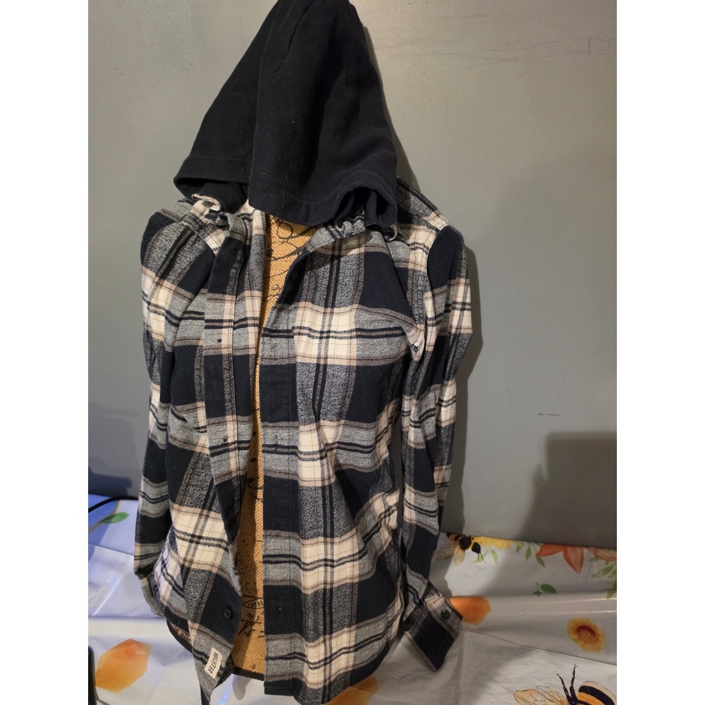 Hollister Hooded Flannel Shirt Small Black Cream Plaid Button Down Hoodie
